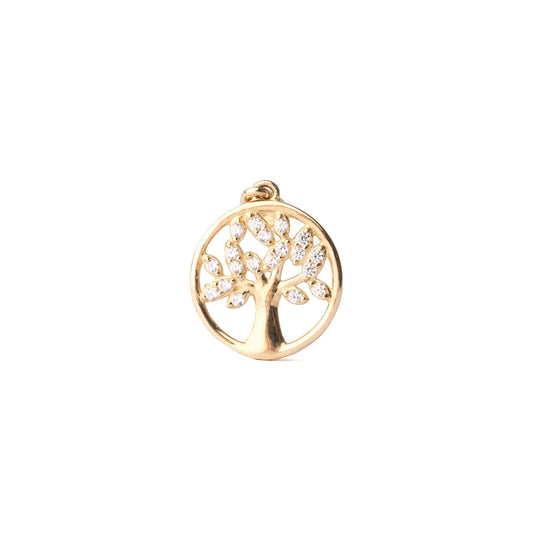 Gold tree-shaped pendant with embedded stones on a white background