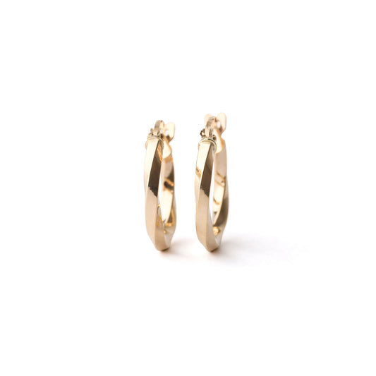 A pair of women's small 10mm solid gold twisted hoop earrings on a white background