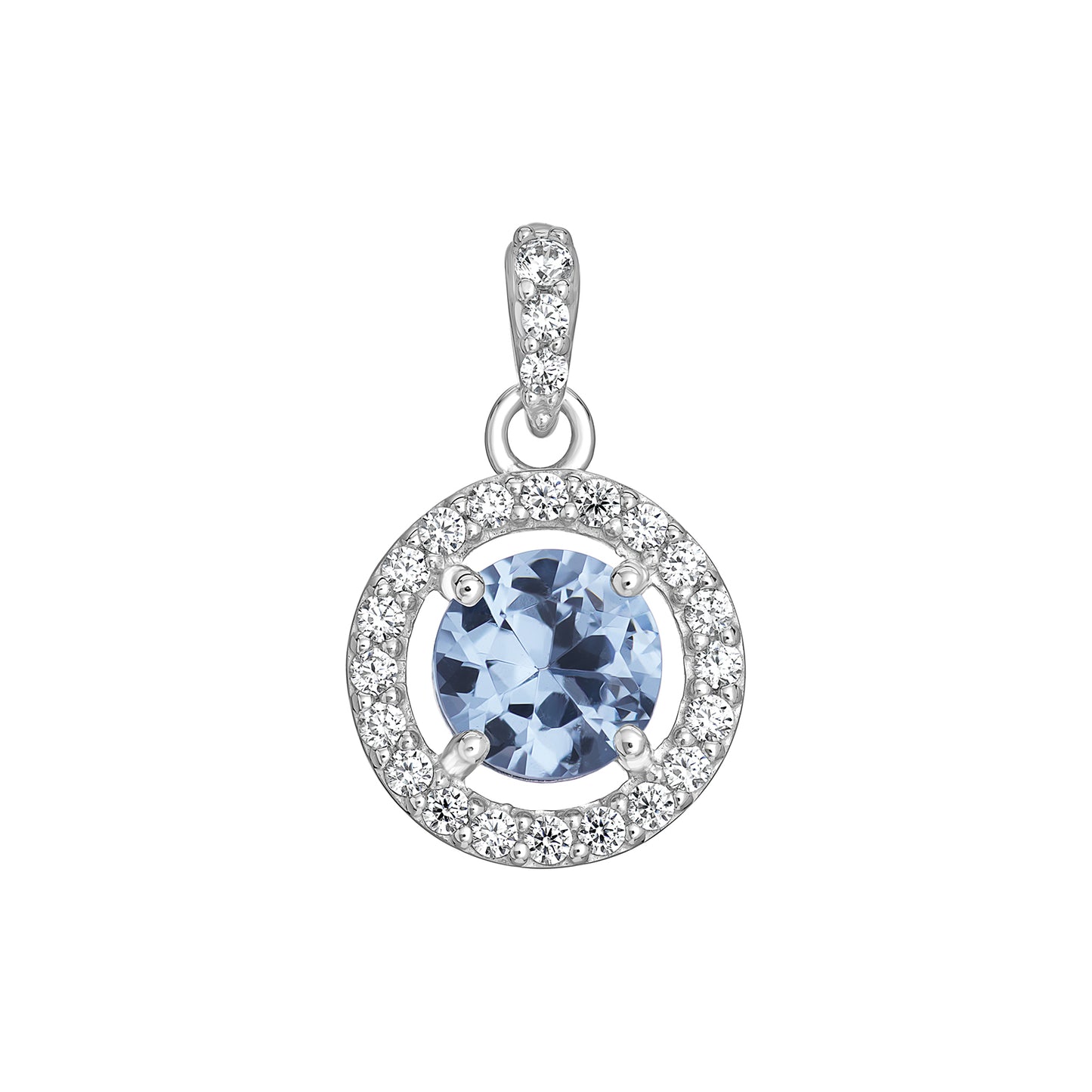 Women's rhodium plated stirling silver pendant set with a blue centre cubic zirconia gemstone and clear cubic zirconia gemstones surrounding it. The pendant is shown on a white background