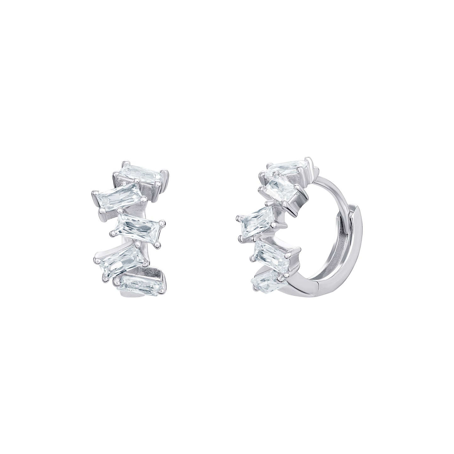 Women's rhodium plated sterling silver hoop earrings set with five emerald-cut cubic zirconia gemstones each on a white background