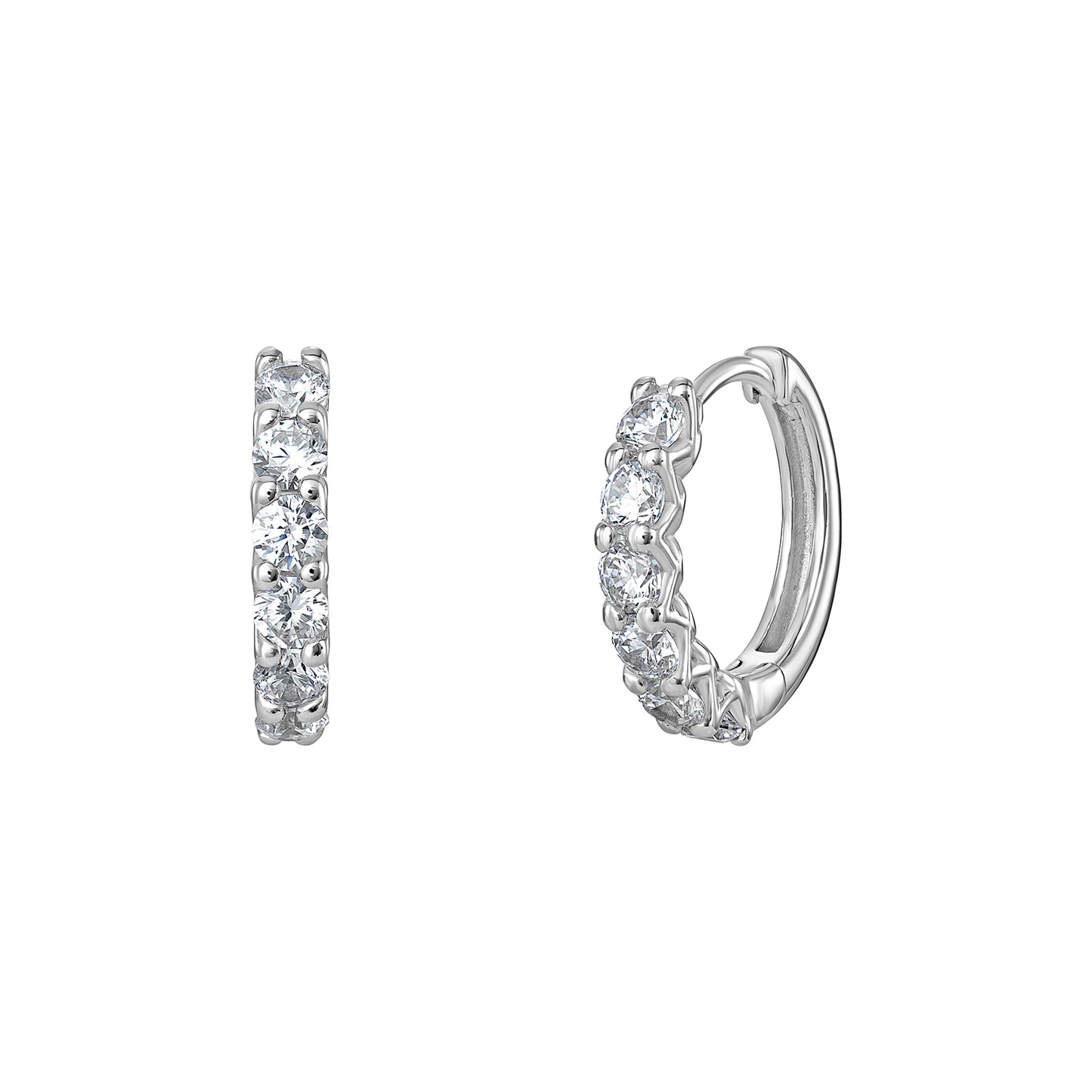 A pair of women's rhodium plated sterling silver huggie hoop earrings with cubic zirconia gemstones on a white background