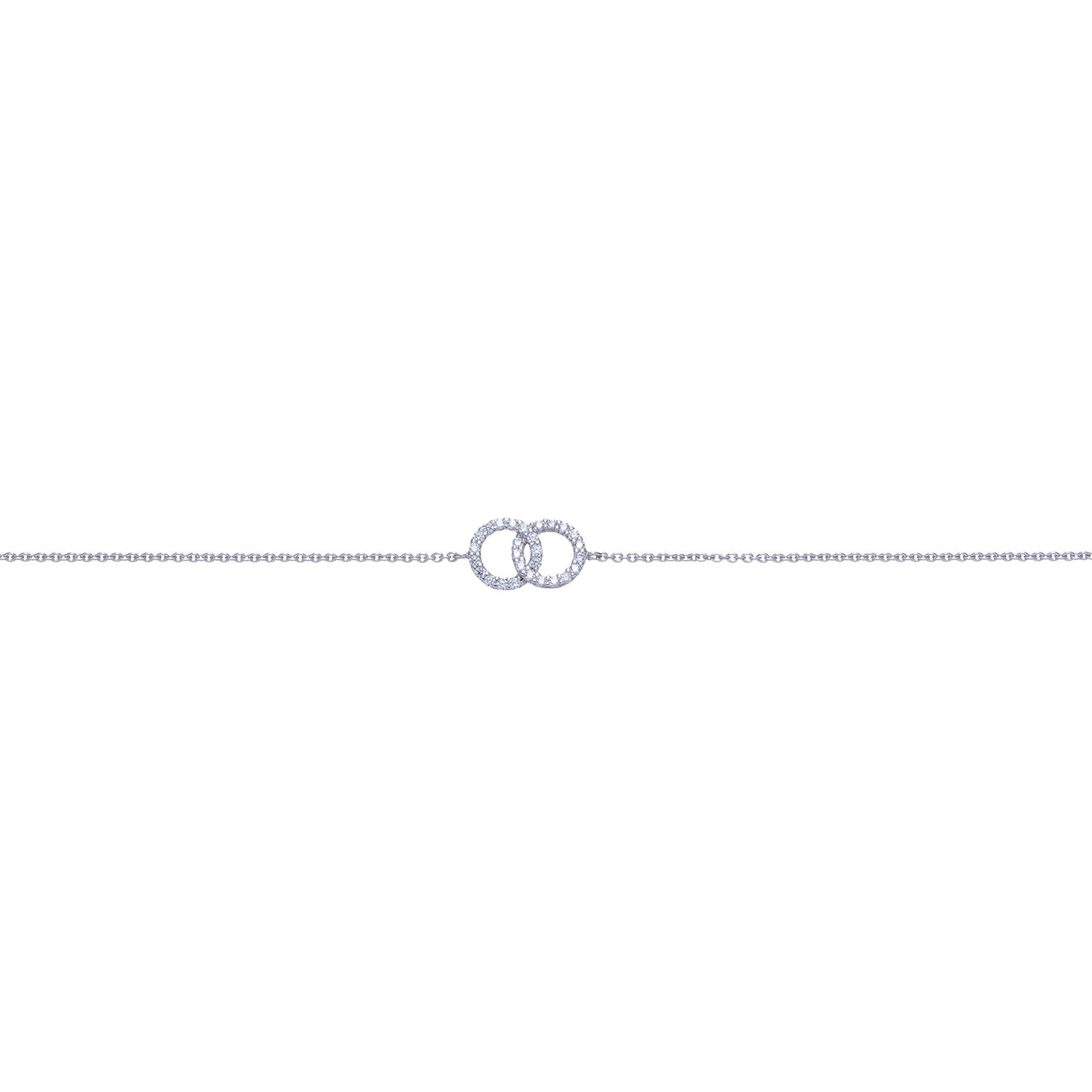 Women's rhodium plated sterling silver bracelet with interlocking circles set with cubic zirconia gemstones on a white background