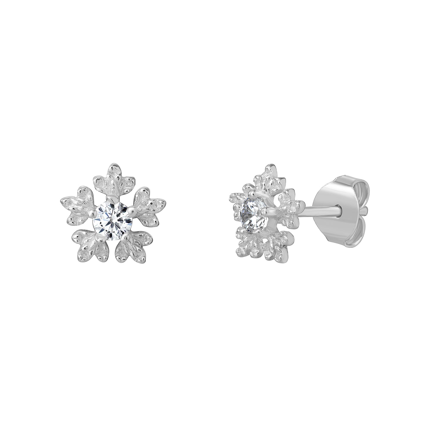 A pair of women's rhodium plated sterling silver snowflake stud earrings with a cubic zirconia gemstone at the centre, displayed on a white background
