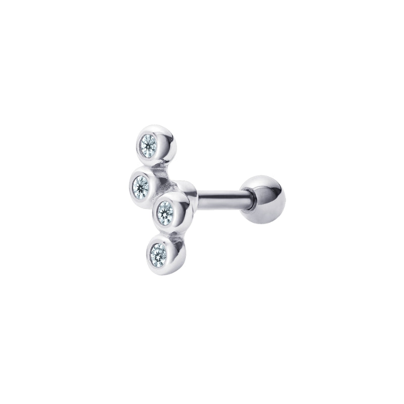 Women's rhodium plated sterling silver stud earring with four bezel-set cubic zirconia gemstones on a white background