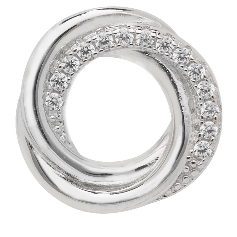 Women's rhodium plated sterling silver circle pendant set with cubic zirconia on a white background