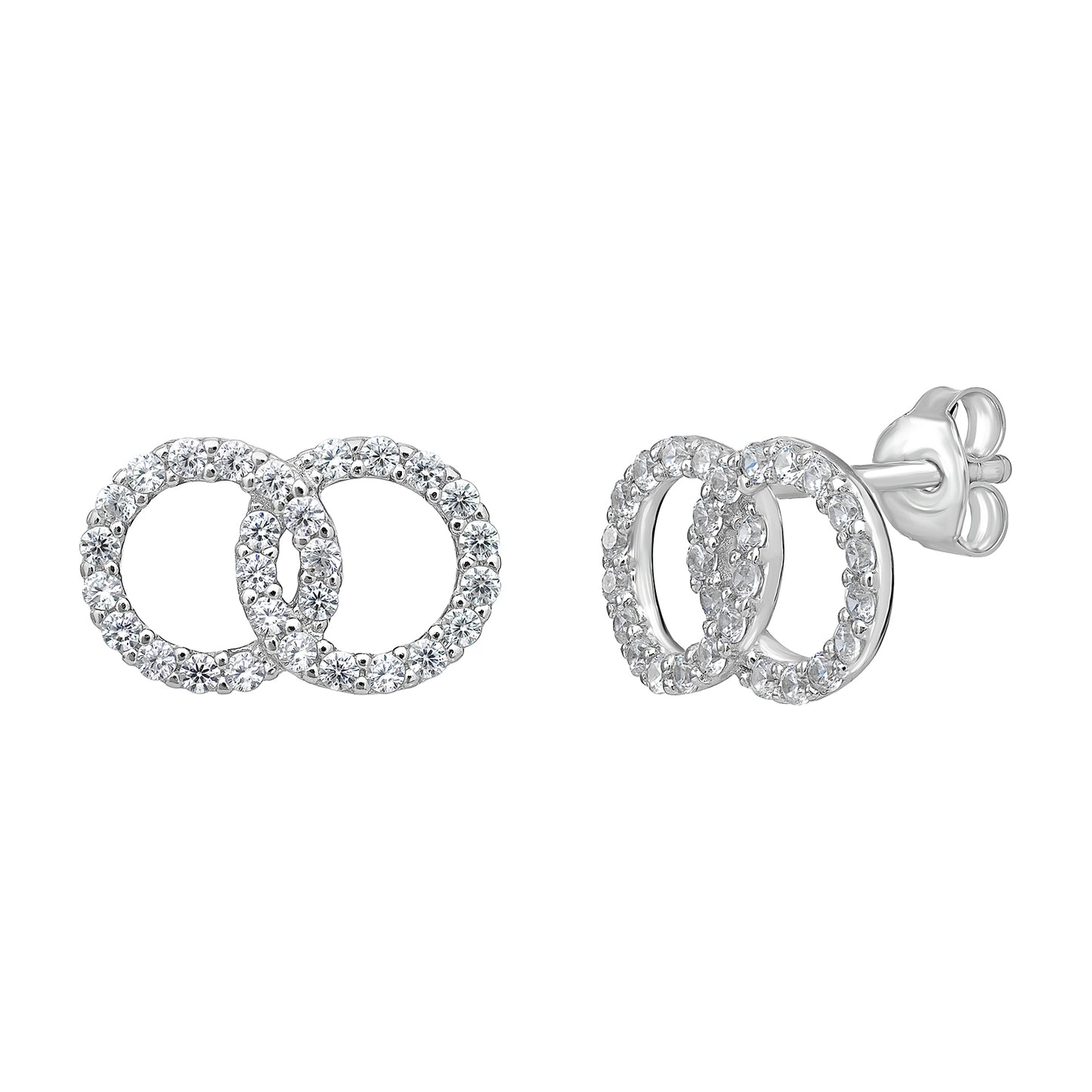 A pair of women's rhodium plated sterling silver stud earrings featuring two interlocking circles set with cubic zirconia gemstones on a white background