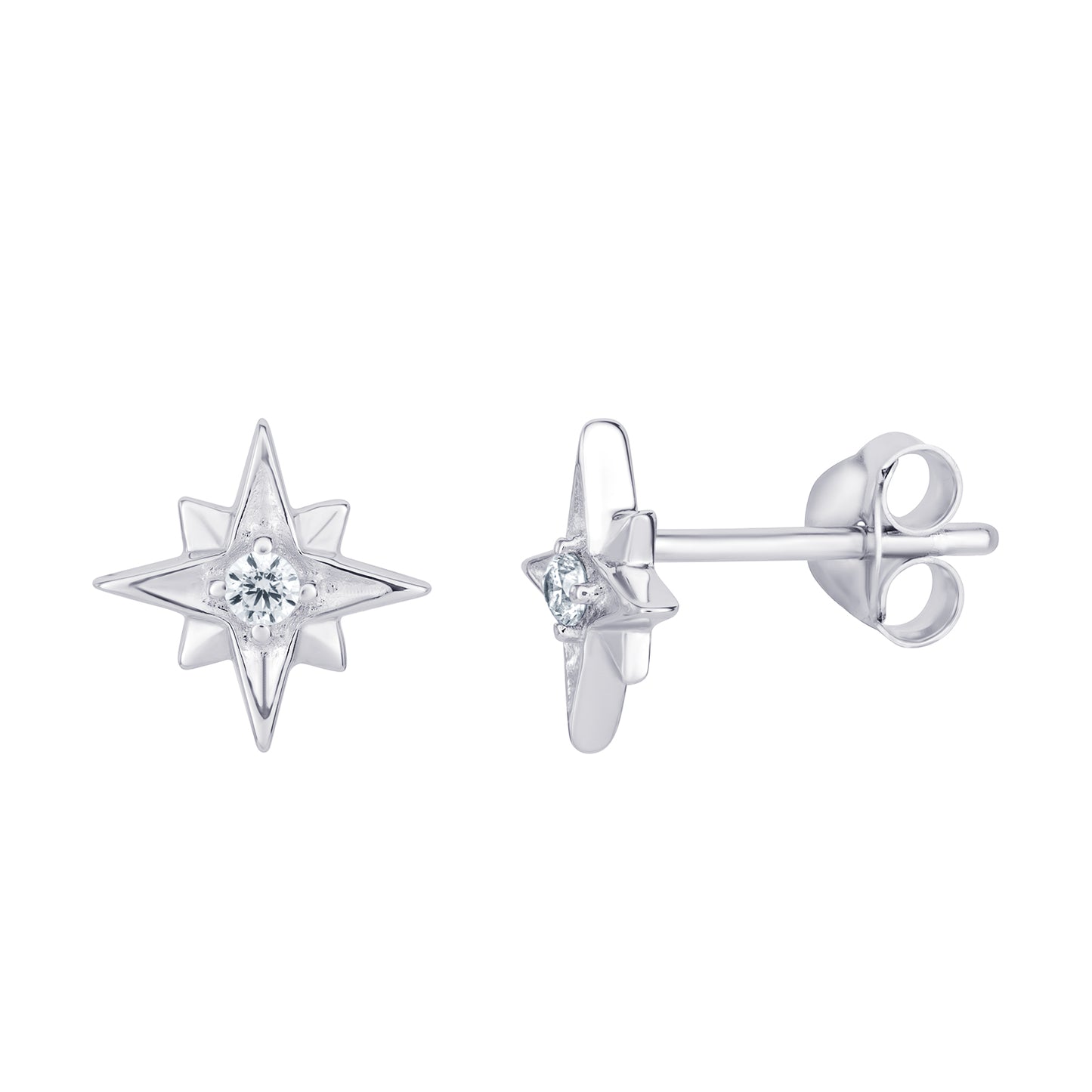 A pair of women's rhodium plated sterling silver star stud earrings with cubic zirconia gemstones in the centre on a white background