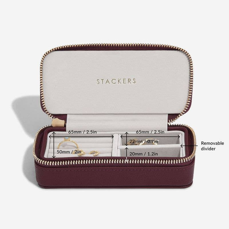 Medium burgundy Stackers travel jewellery case showing dimensions.