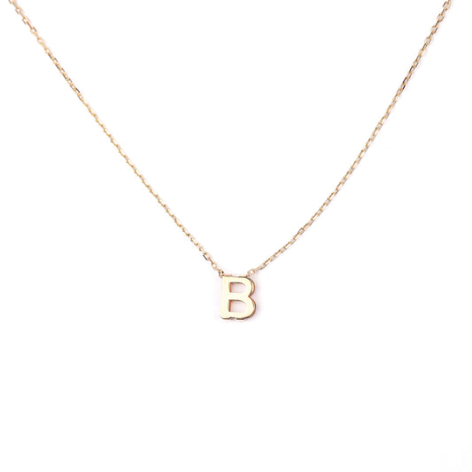 women's solid gold necklace with a 'B' pendant on a white background
