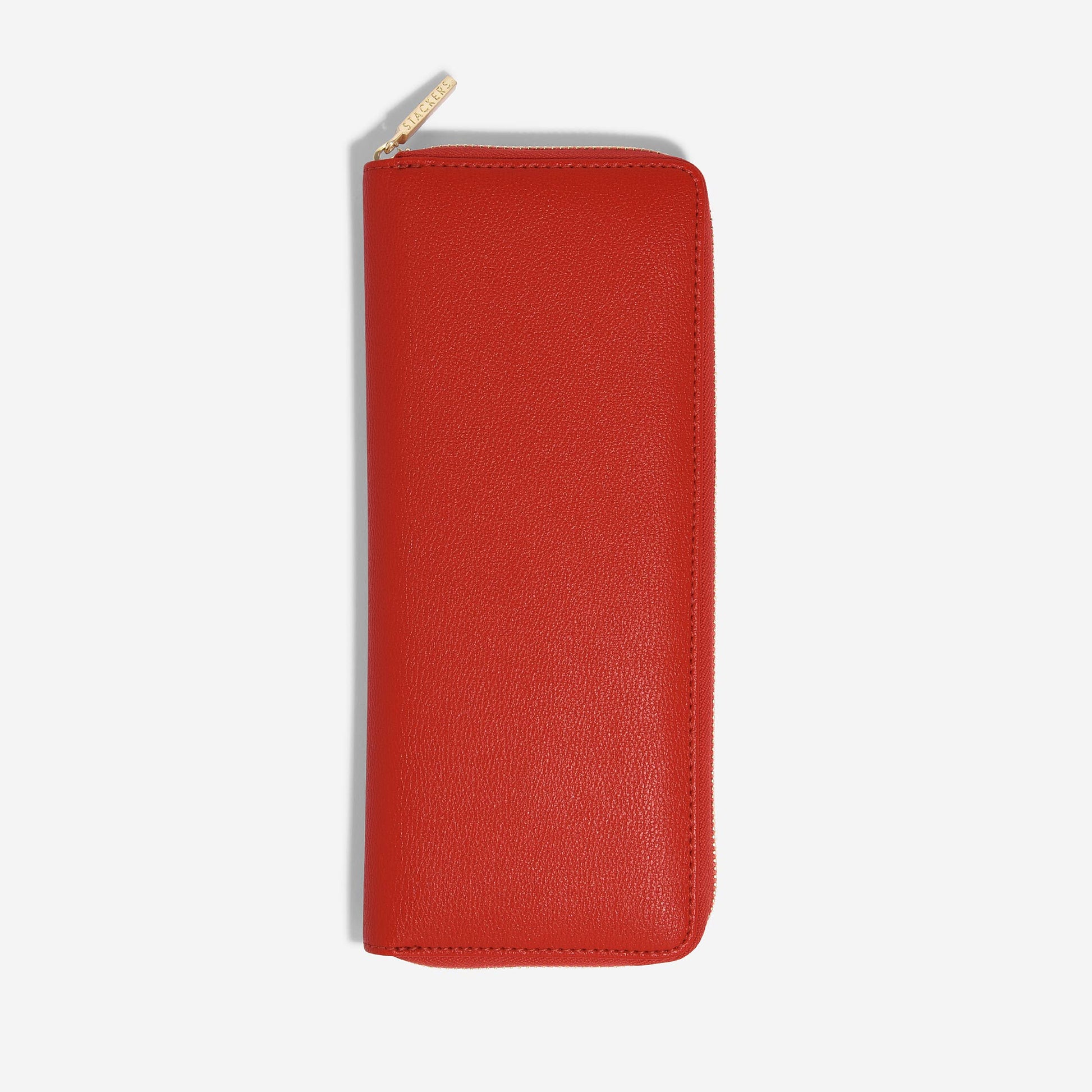 Red wallet with a gold zipper on a white background