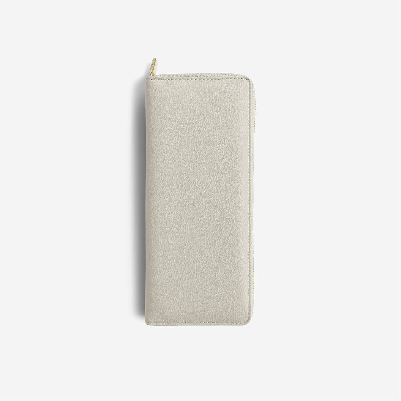 Light gray wallet with a zipper on a white background
