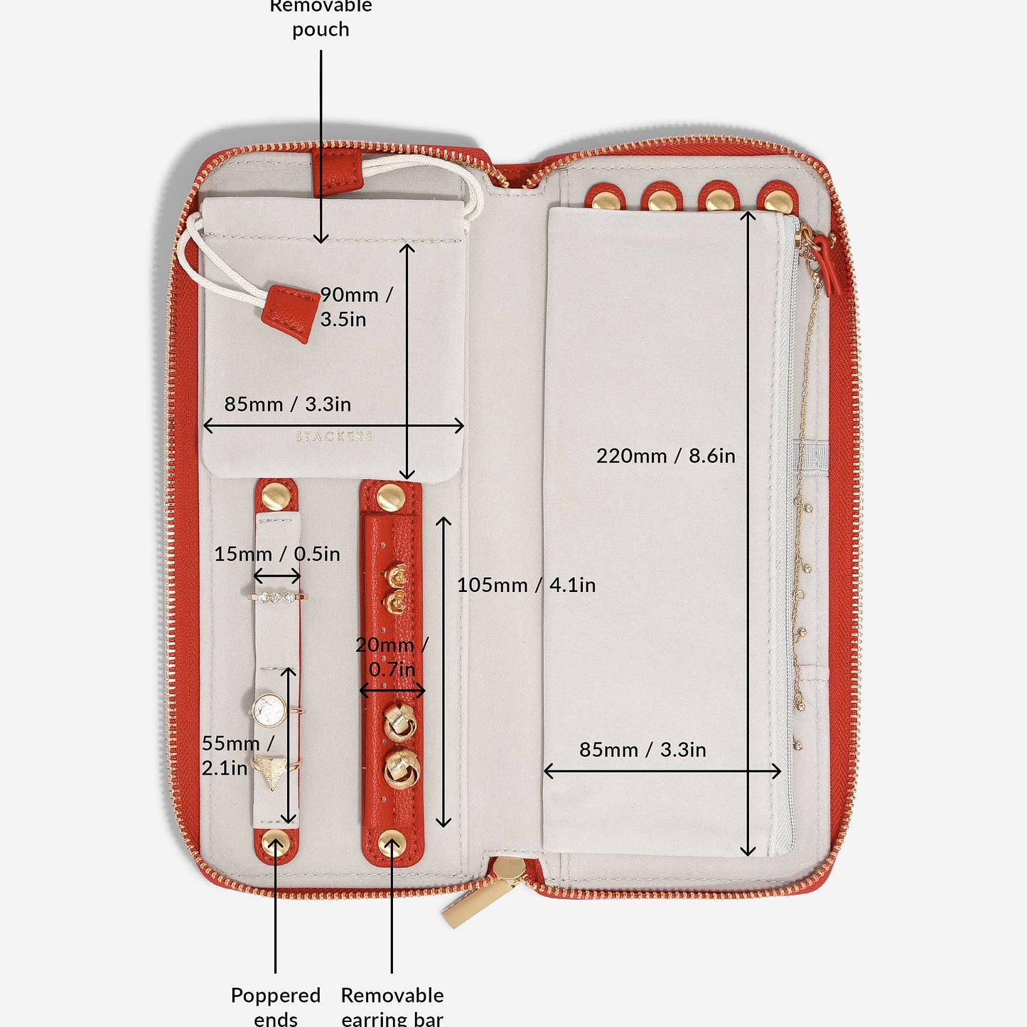 Measurement chart of a jewelry case with dimensions labeled