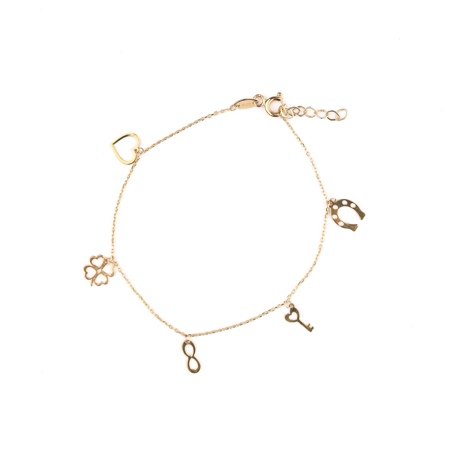 Women's 9K solid yellow gold lucky charm bracelet with heart, four-leaf clover, infinity symbol, key and lucky horseshoe charms placed in a circle with clasp done up on a white background