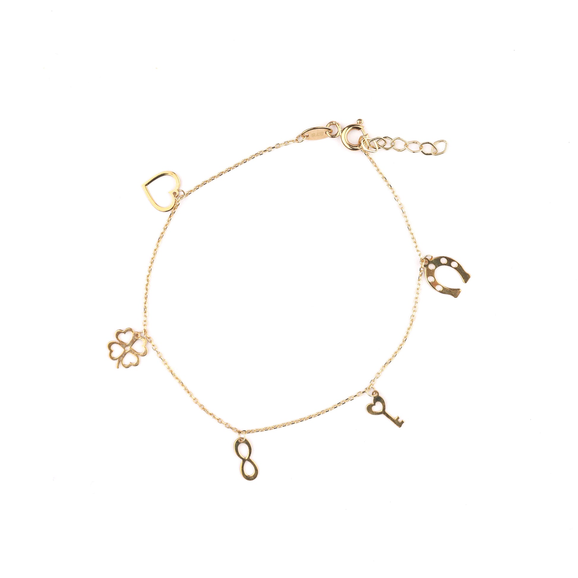 Women's 9K solid yellow gold lucky charm bracelet with heart, four-leaf clover, infinity symbol, key and lucky horseshoe charms placed in a circle with clasp done up on a white background