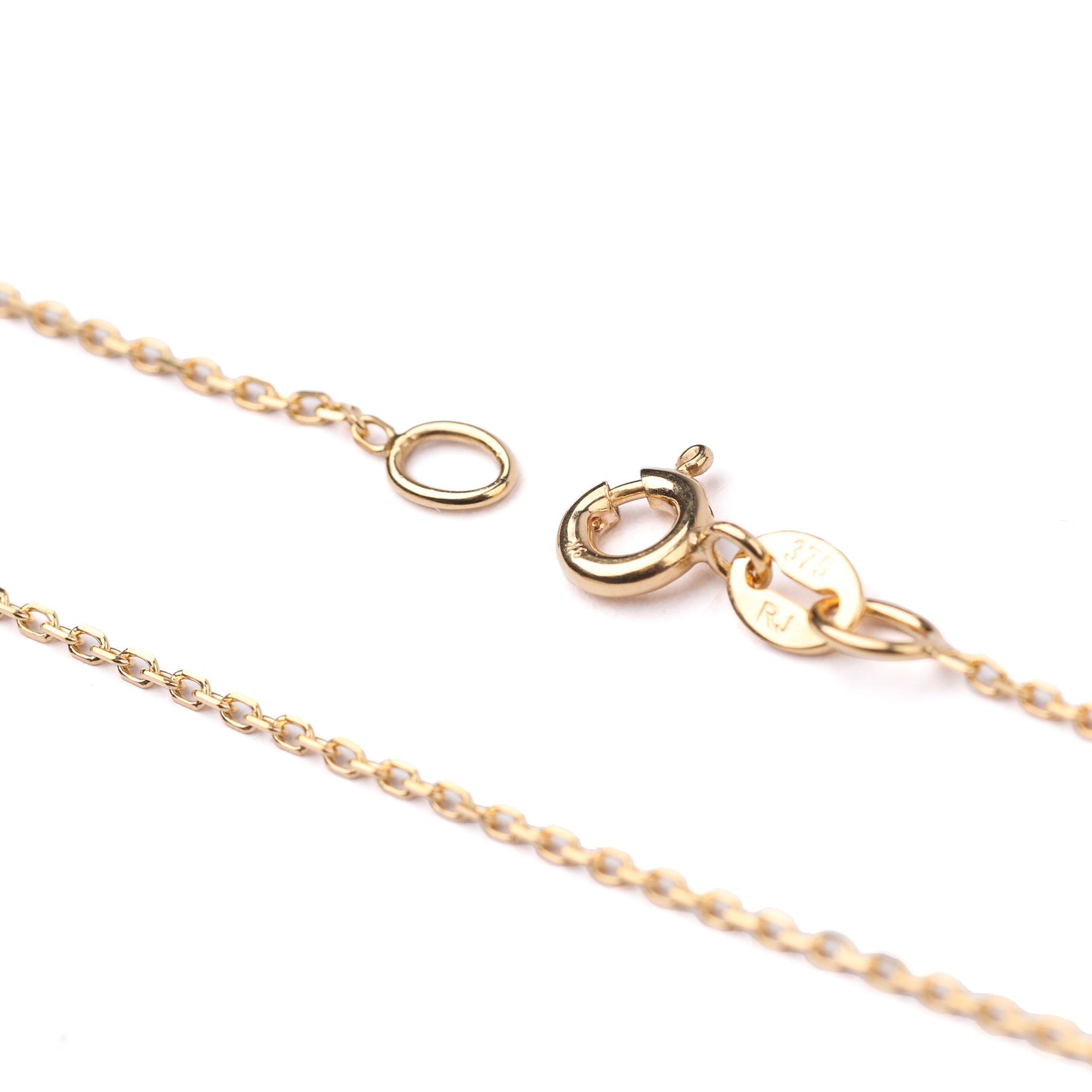 Women's 9K solid yellow gold diamond cut cable chain necklace with clasp showing hallmark 375 on a white background