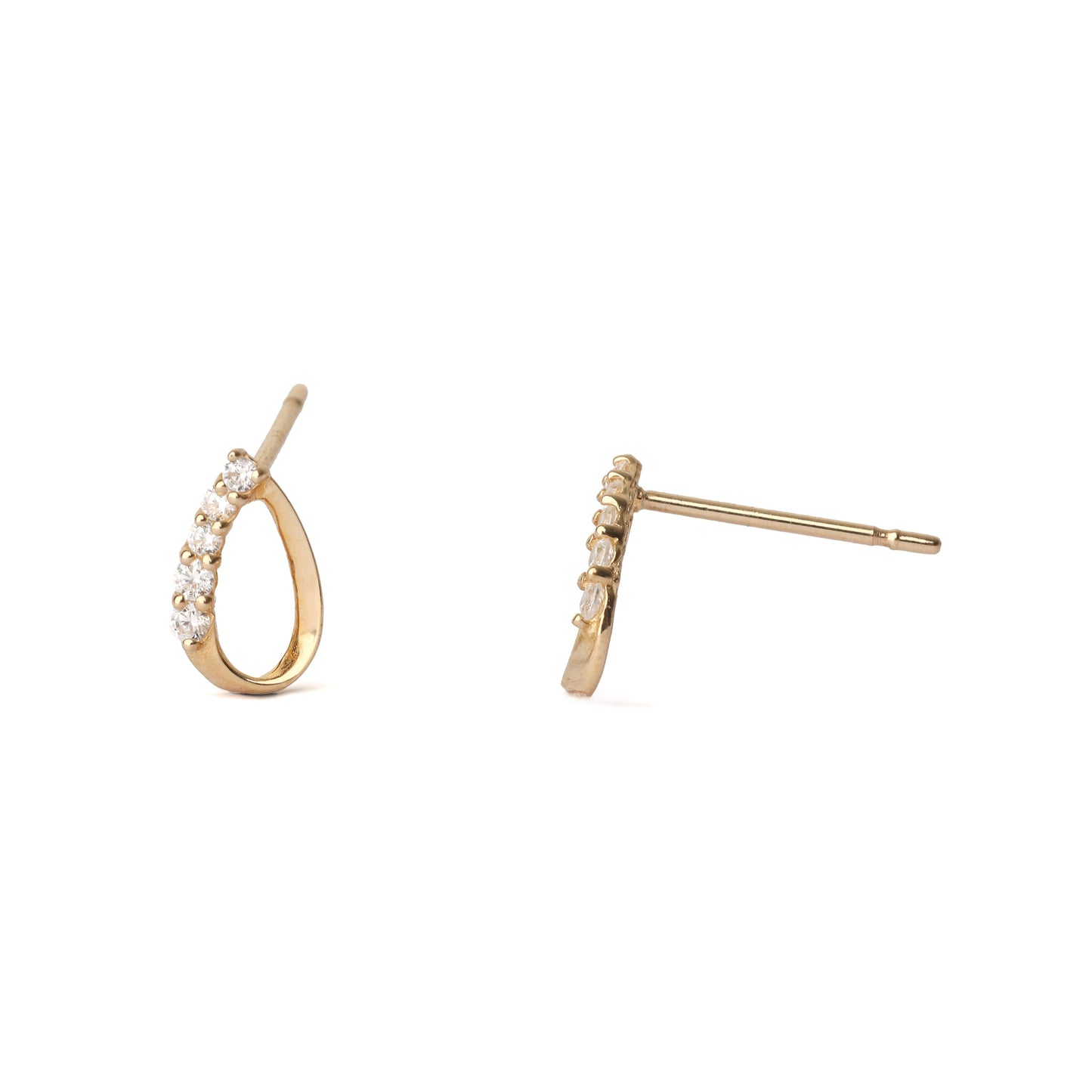 A pair of solid yellow gold stud earrings, each set with five cubic zirconia gemstones along one side. The earrings are displayed on a white background, one facing forward and one with a side profile.
