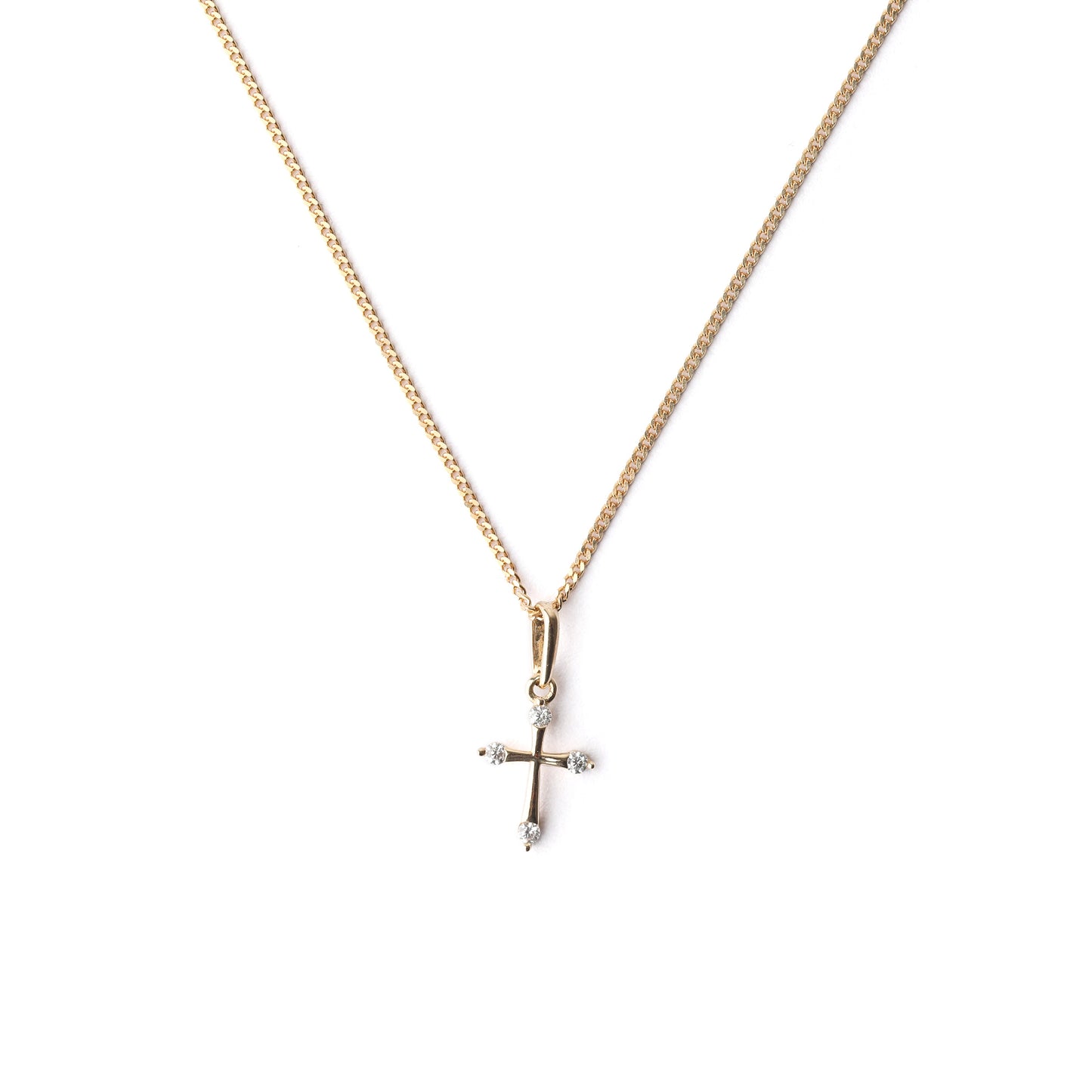 Gold necklace with a cross pendant on a white background