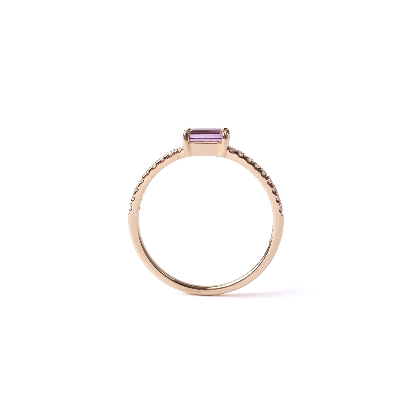 Women's solid yellow gold ring set with a central purple amethyst gemstone and small round diamonds on the shoulders each side of the amethyst, displayed on a white background upright.