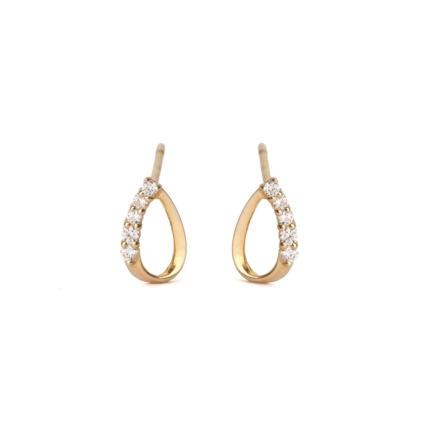 A pair of solid yellow gold stud earrings in a pear shape with hollow centre, each set with five cubic zirconia gemstones along one side. The earrings are displayed on a white background, with both facing forward.