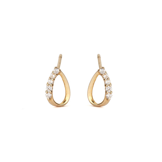 A pair of solid yellow gold stud earrings in a pear shape with hollow centre, each set with five cubic zirconia gemstones along one side. The earrings are displayed on a white background, with both facing forward.