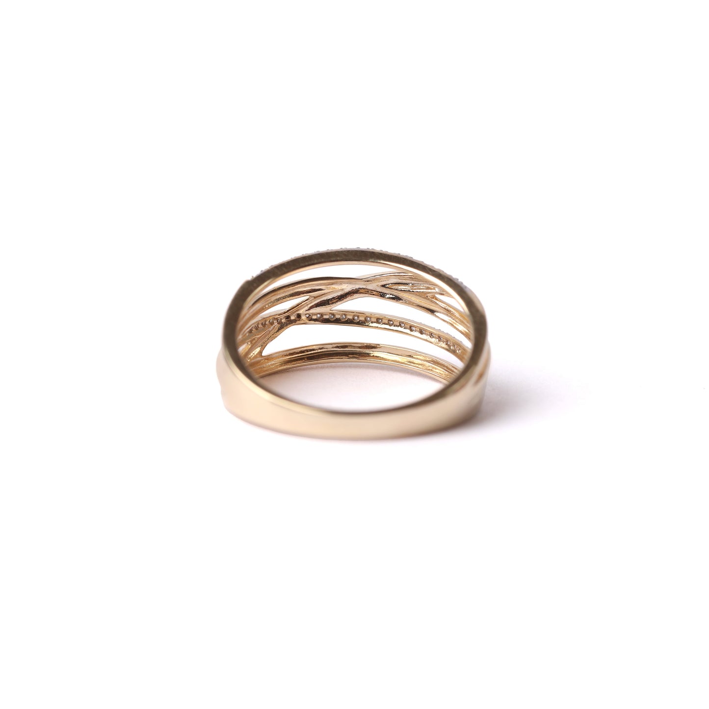Women's solid yellow gold ring with 5 connected bands, with two of the bands set with diamonds, displayed on a white background so the viewer can see the underside of the ring.