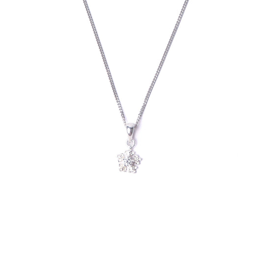 Women's sterling silver snowflake pendant necklace with small cubic zirconia gemstones on the pendant, hanging from a silver chain all set on a white background.