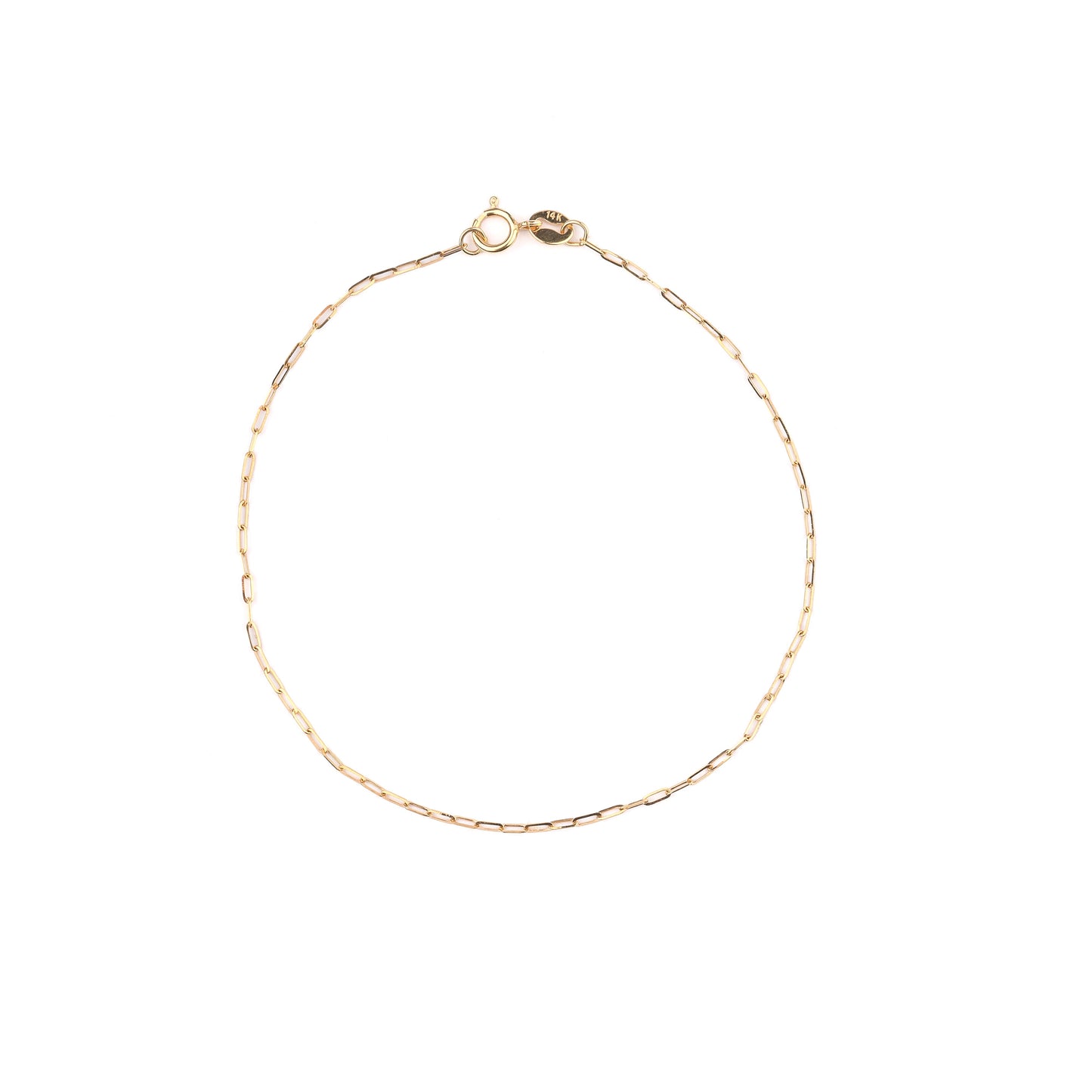 Women's solid gold paperclip chain bracelet on a white background