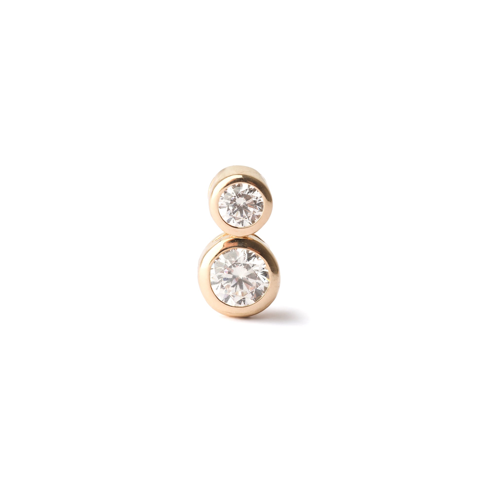 Women's 9K solid yellow gold and two stone cubic zirconia bezel-set pendant earring on a white background