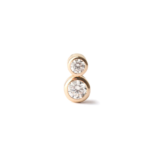 Women's 9K solid yellow gold and two stone cubic zirconia bezel-set pendant earring on a white background