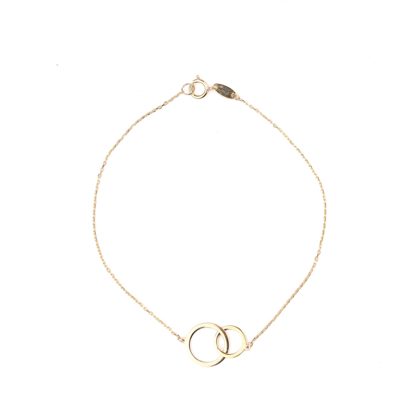 Women's 9K solid yellow gold bracelet with two interlocking circles  on a white background