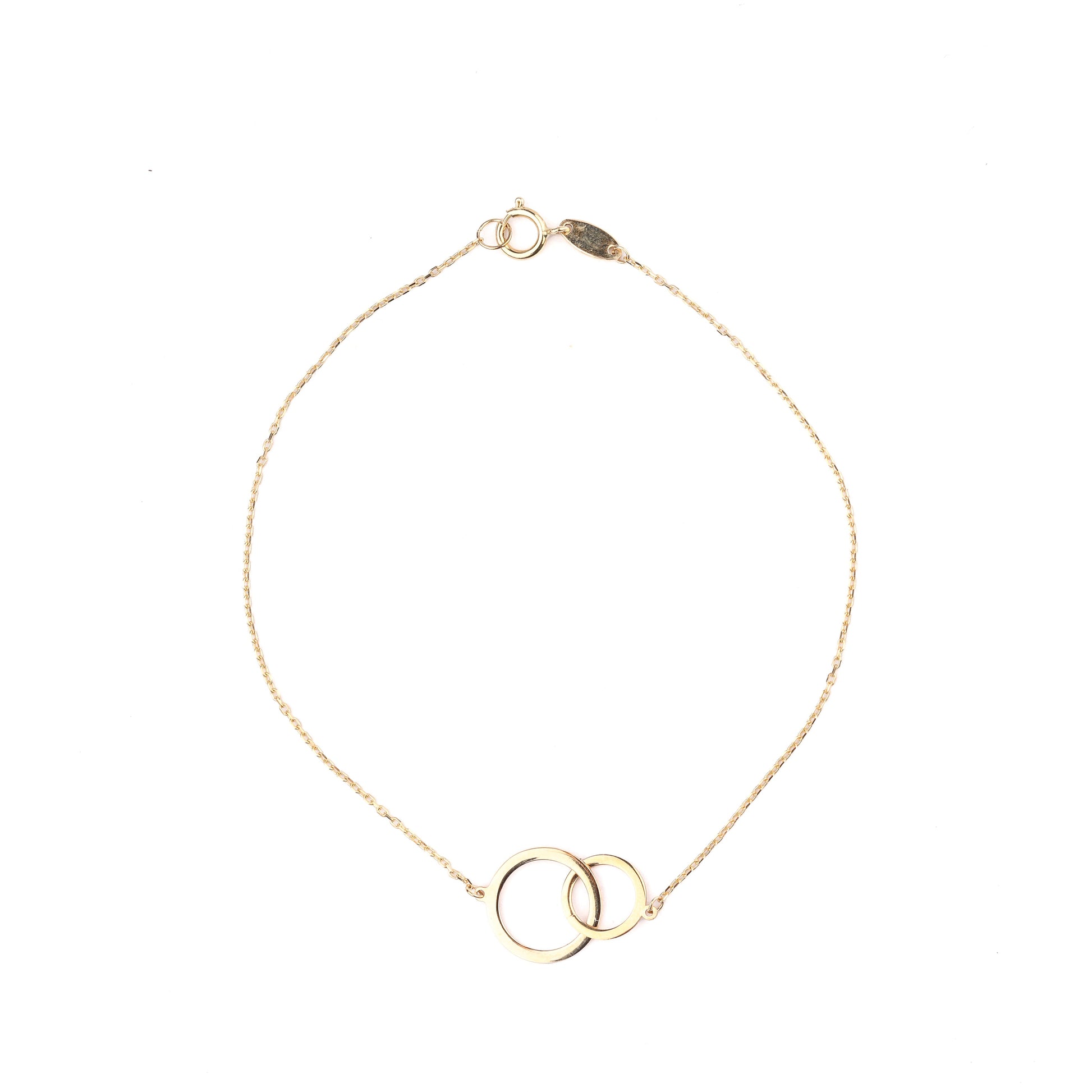 Women's 9K solid yellow gold bracelet with two interlocking circles  on a white background