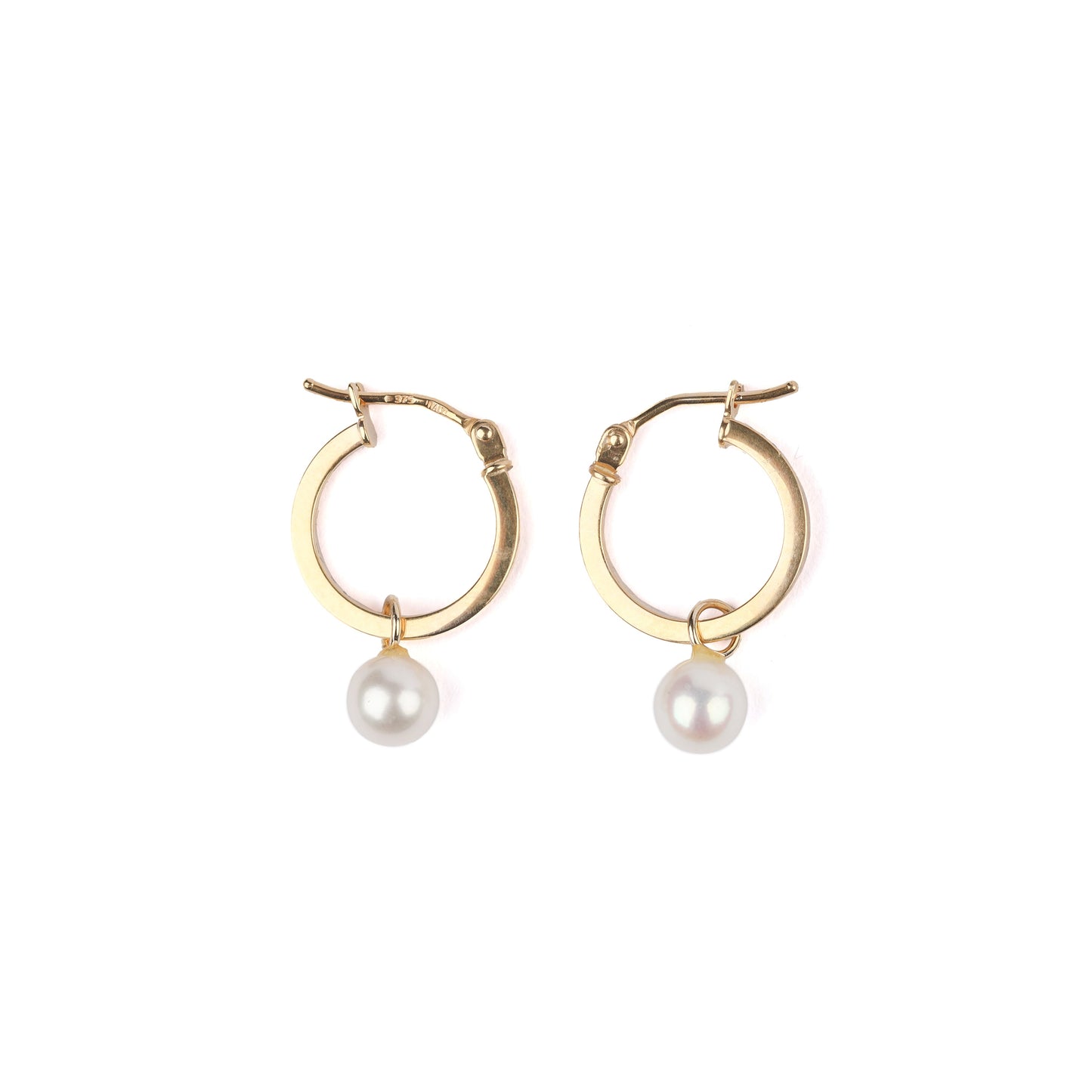 A pair of women's solid yellow gold hoop earrings with freshwater pearl drops on a white background