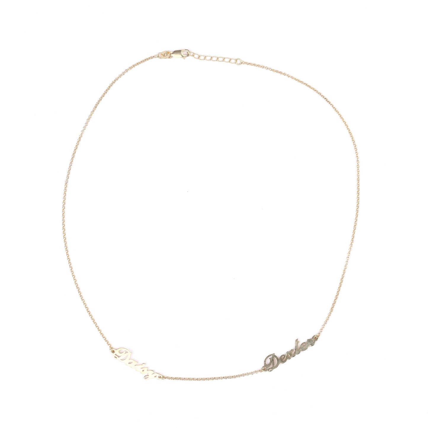 Women's solid gold name necklace with two names on a white background