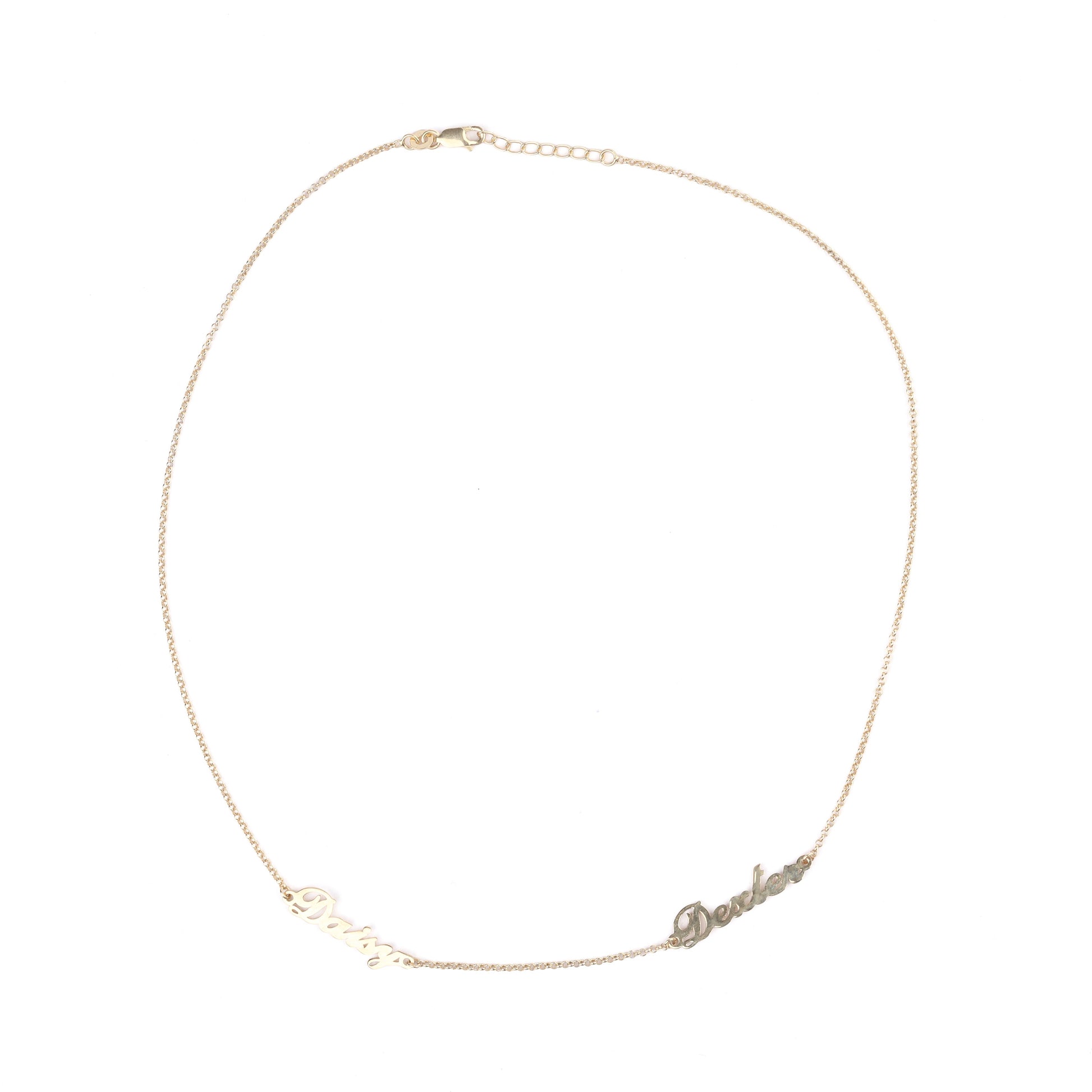 Women's solid gold name necklace with two names on a white background