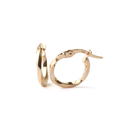 Women's solid gold small 10mm twisted hoop earrings on a white background