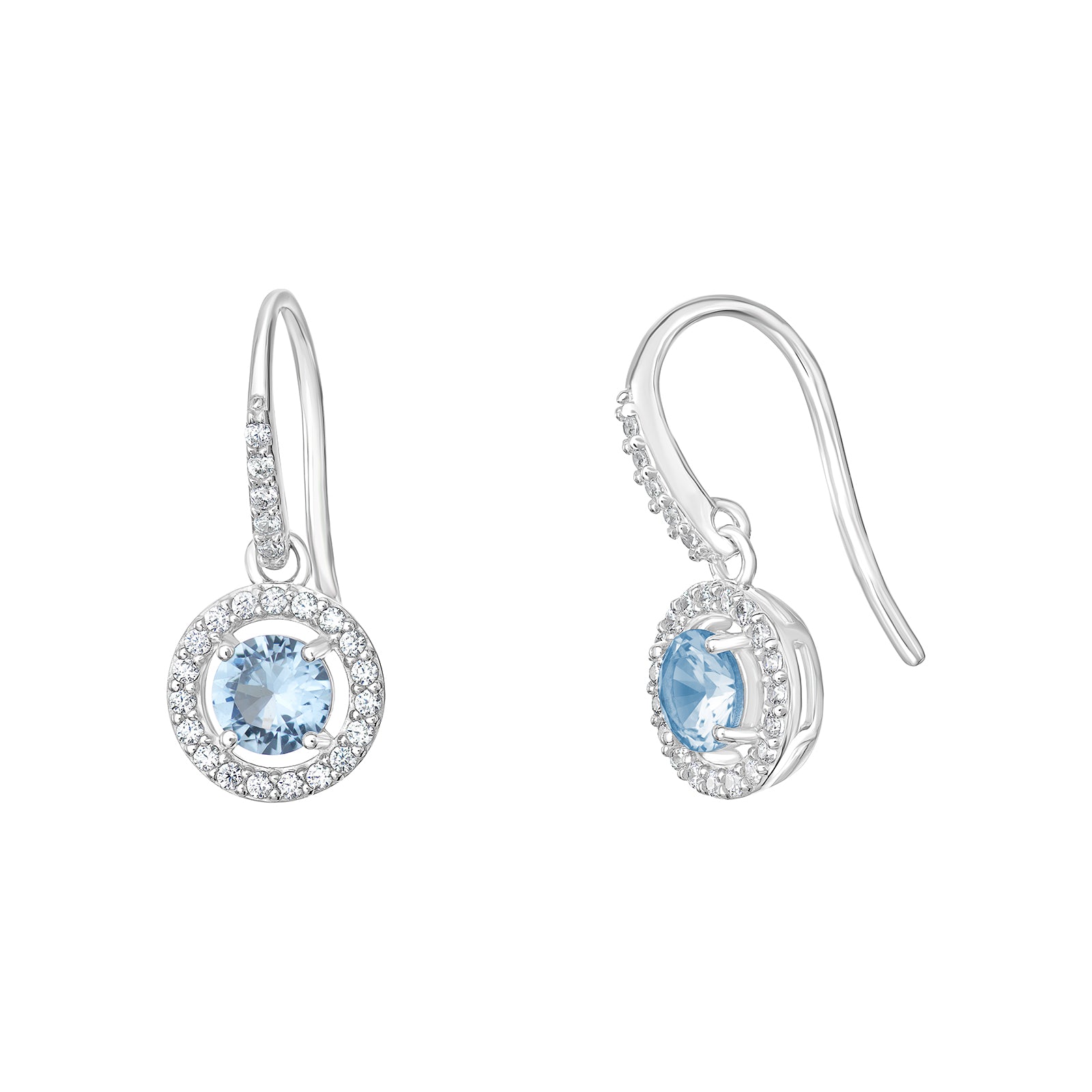 A pair of women's rhodium plated sterling silver earrings set with a central stone of blue cubic zirconia and surrounded by white cubic zirconia gemstones, shown on a white background