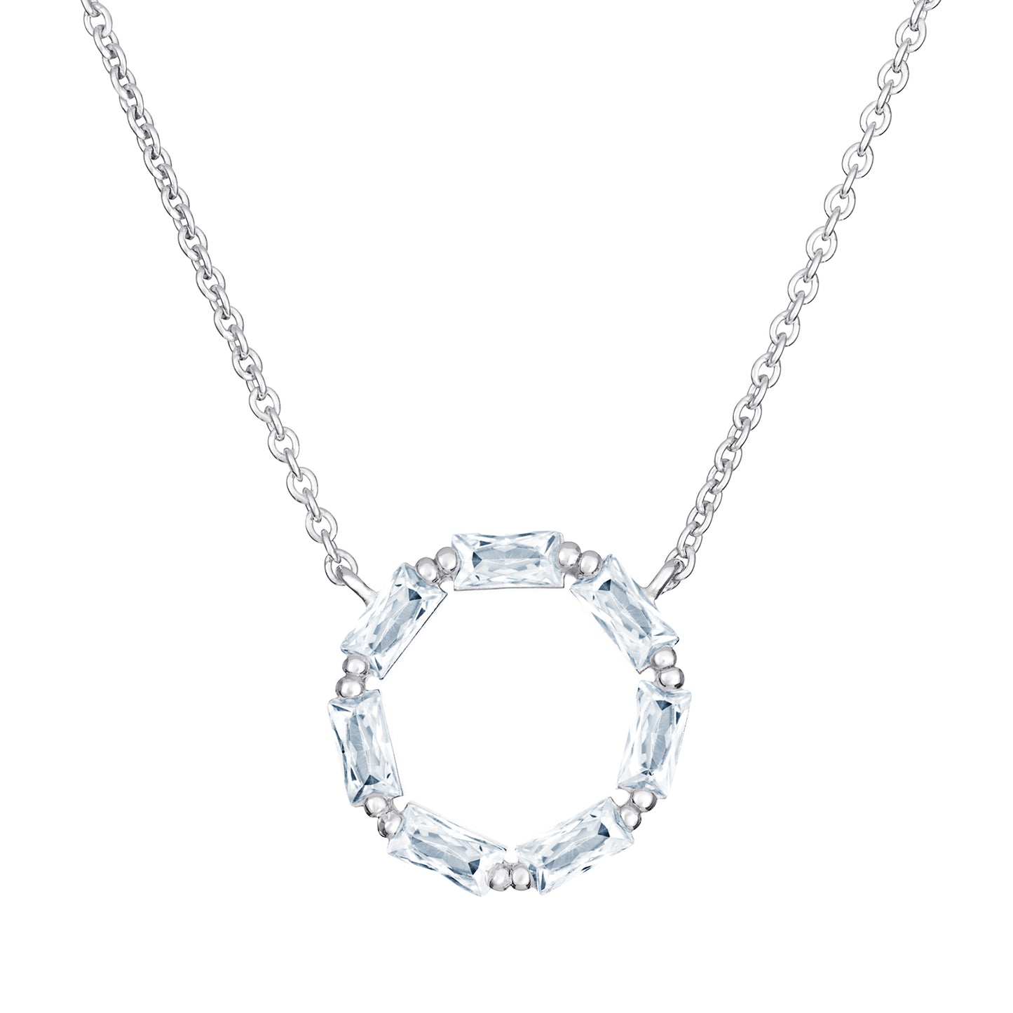 Women's rhodium plated sterling silver necklace featuring circular cubic zirconia gemstone pendant on a white background
