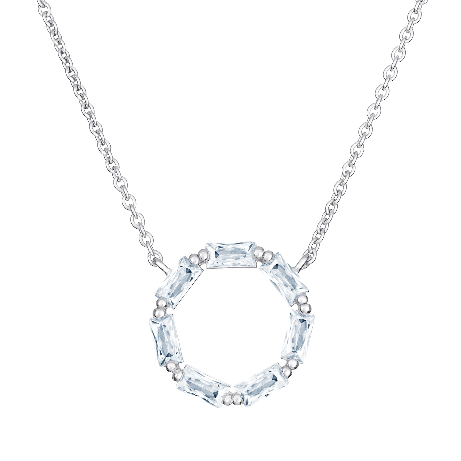 Women's rhodium plated sterling silver necklace featuring circular cubic zirconia gemstone pendant on a white background