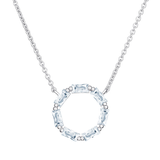Women's rhodium plated sterling silver necklace featuring circular cubic zirconia gemstone pendant on a white background