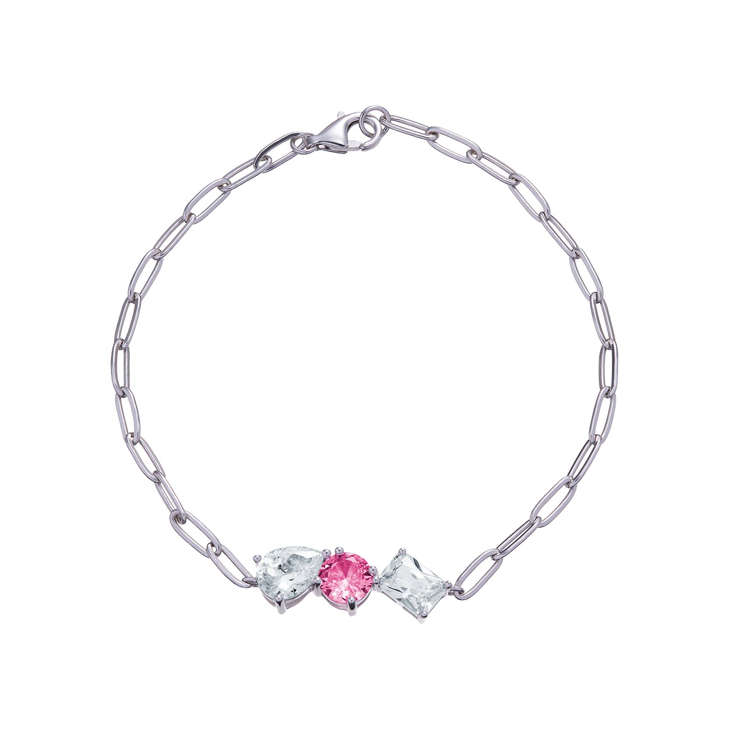 Women's rhodium plated sterling silver chain bracelet embellished with a central pink cushion cut cubic zirconia, and white emerald and pear shape cubic zirconia gemstones each side of the pink stone, displayed on on a white background 