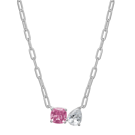 Women's rhodium plated sterling silver chain necklace with a pink cushion cut and white pear cut cubic zirconia gemstones displayed on a white background