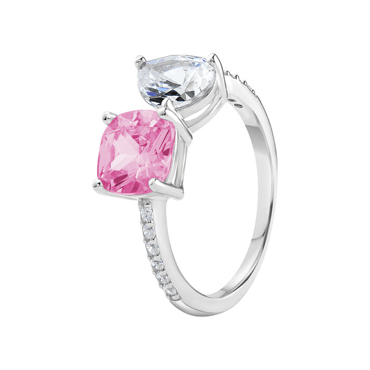 Women's rhodium plated sterling silver ring set with a cushion cut pink cubic zirconia stone and a pear shape cubic zirconia stone. There are smaller cubic zirconia stones set into the shoulders of the ring. the ring is displayed on a white background