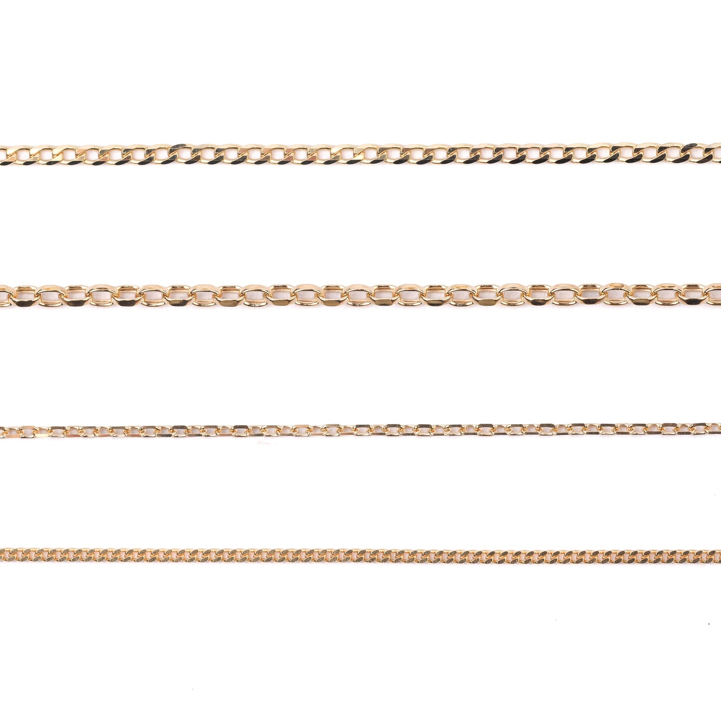 Four women's 9K solid gold chain necklaces on a white background, including diamond-cut cable chain, belcher chain, diamond-cut curb chain, oval belcher chain