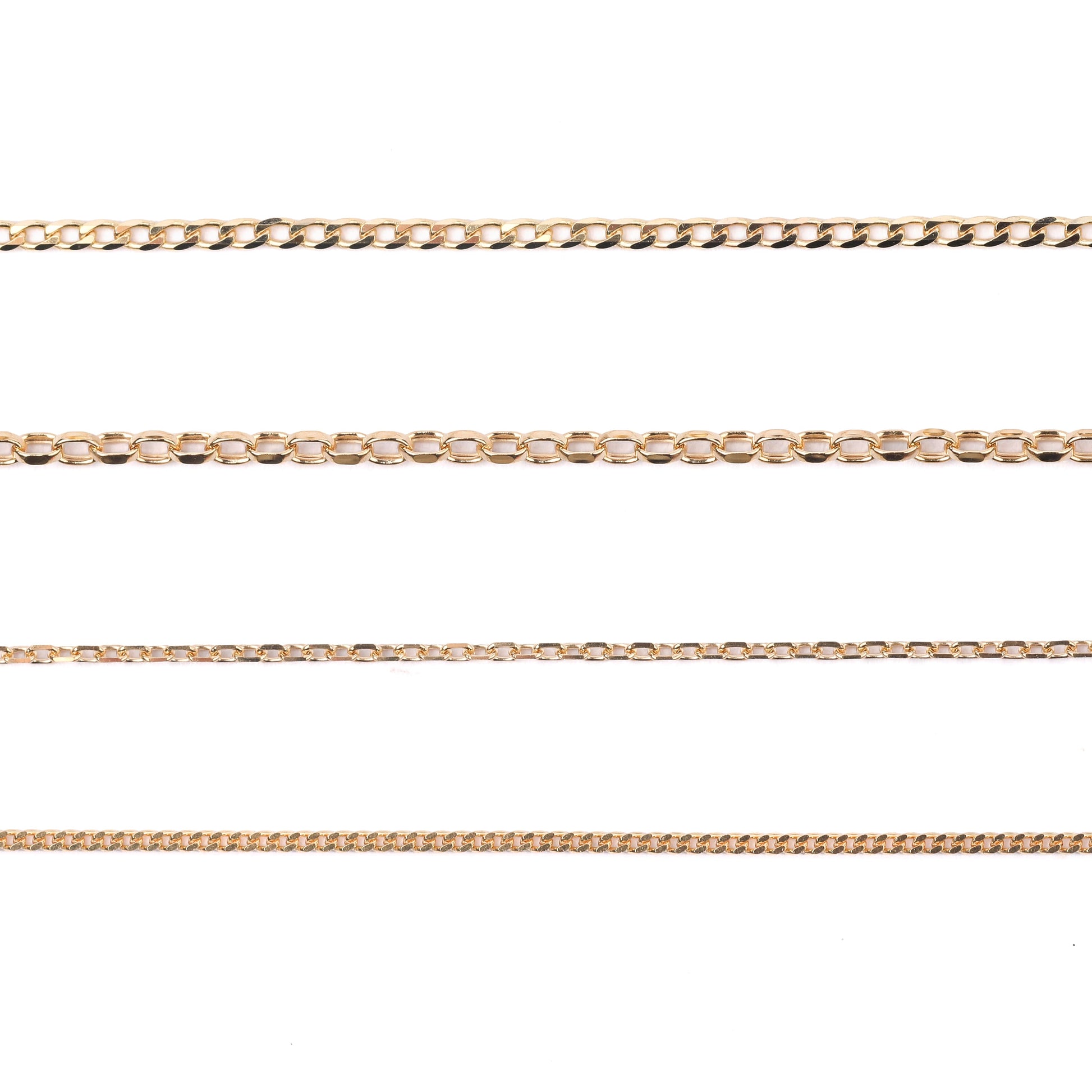 Four women's 9K solid gold chain necklaces on a white background, including diamond-cut cable chain, belcher chain, diamond-cut curb chain, oval belcher chain
