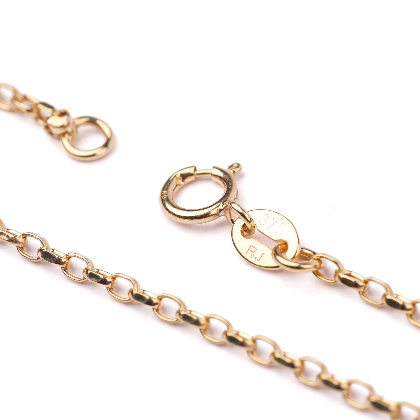 Women's 9K solid yellow gold oval belcher chain necklace showing 375 gold hallmark on the clasp on a white background