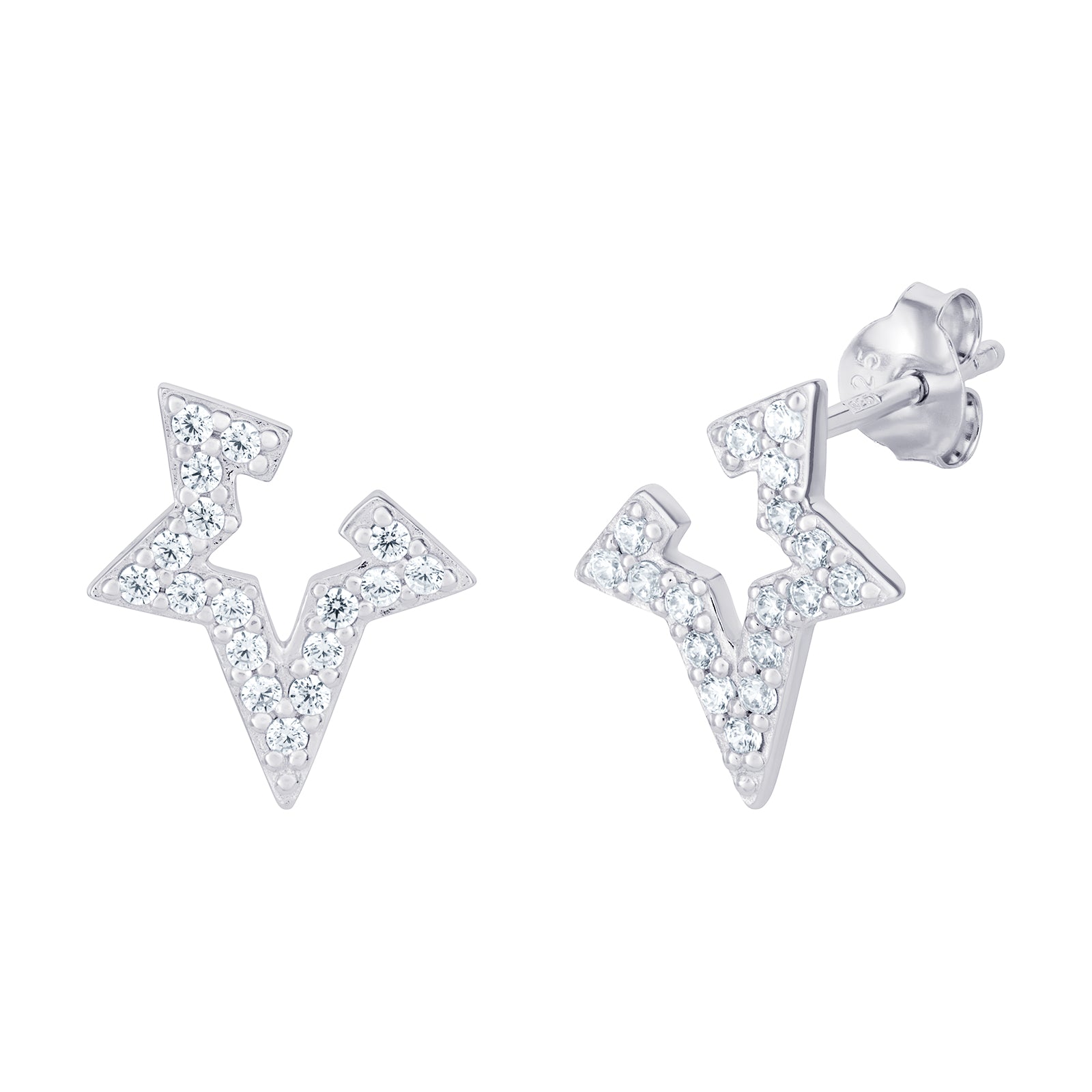 A pair of women's rhodium plated sterling silver earrings in an open star design set with cubic zirconia on a white background