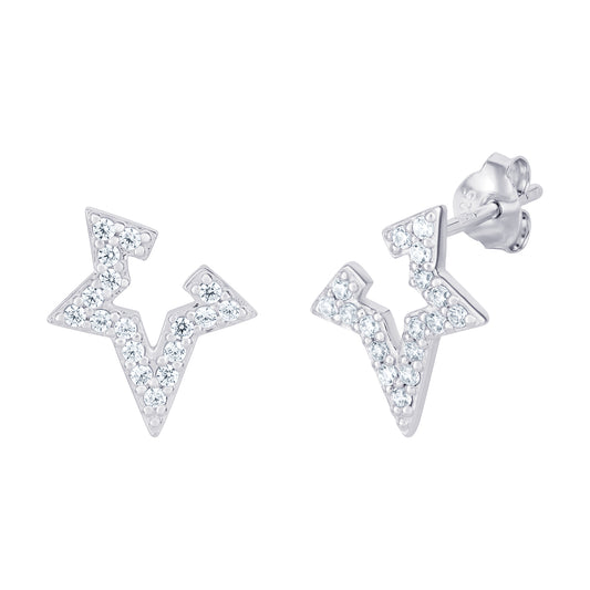 A pair of women's rhodium plated sterling silver earrings in an open star design set with cubic zirconia on a white background