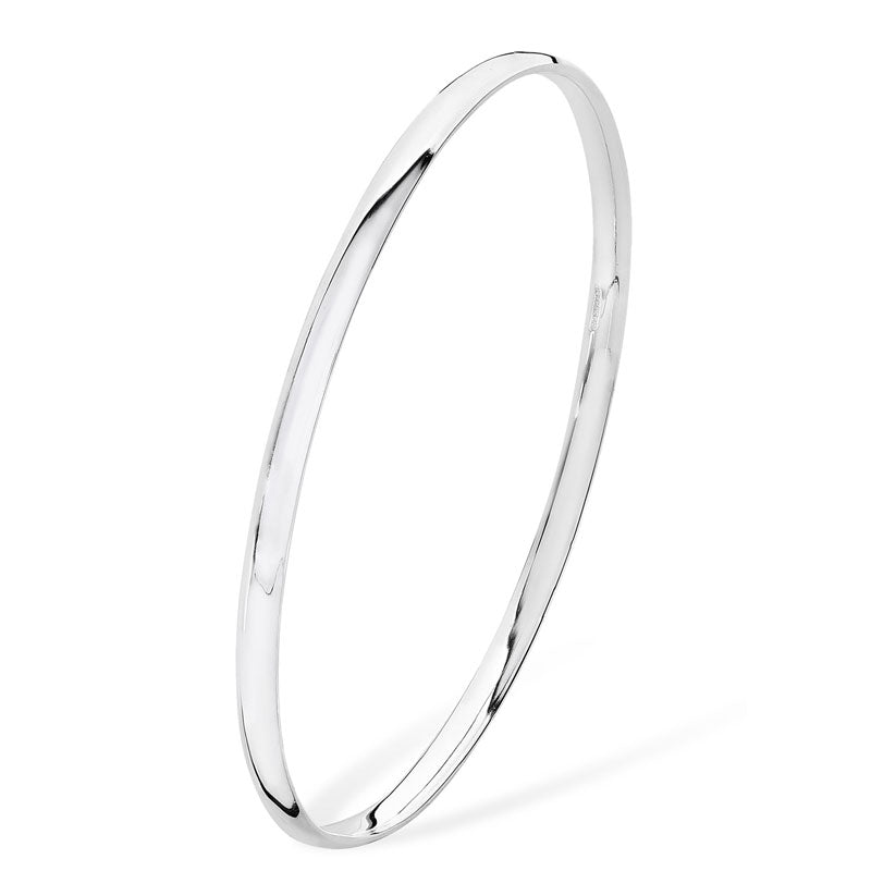 Women's rhodium plated sterling silver 4mm bangle on a white backgroun