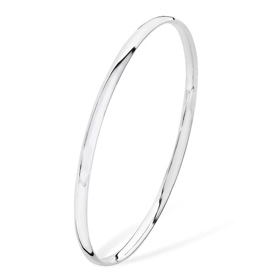 Women's rhodium plated sterling silver 4mm bangle on a white backgroun