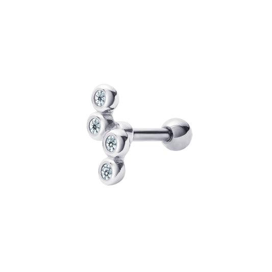 Women's rhodium plated sterling silver stud earring with four bezel-set cubic zirconia gemstones on a white background